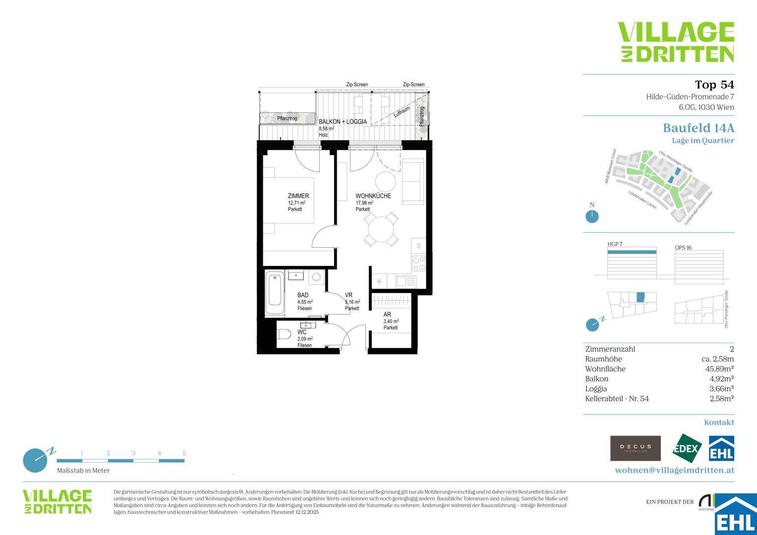 Grundriss der Wohnung Top 54 mit Wohnküche, Zimmer und Balkon/Loggia.