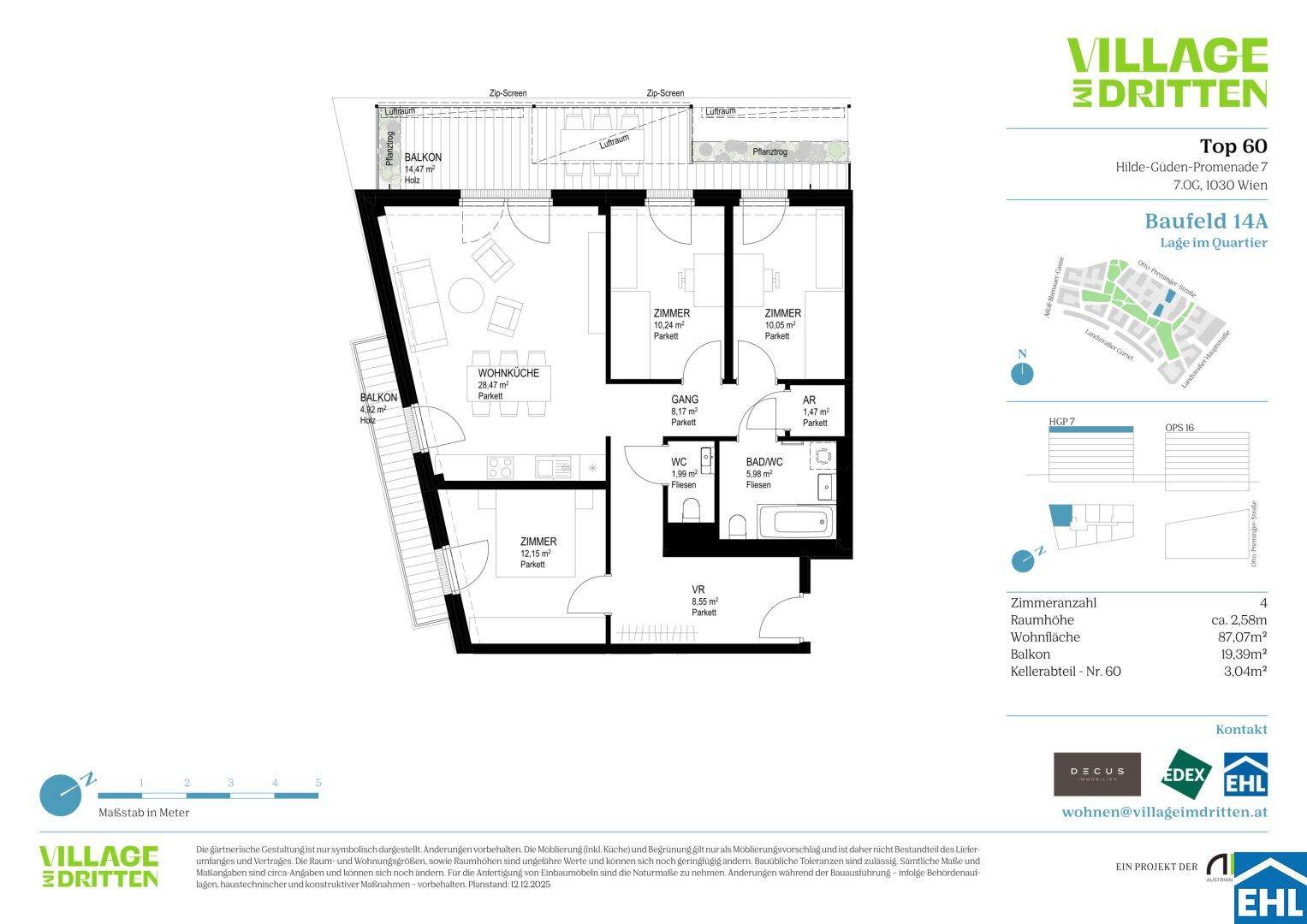 Grundriss der Wohnung Top 60 mit Balkonen und offenem Wohnküchenbereich.