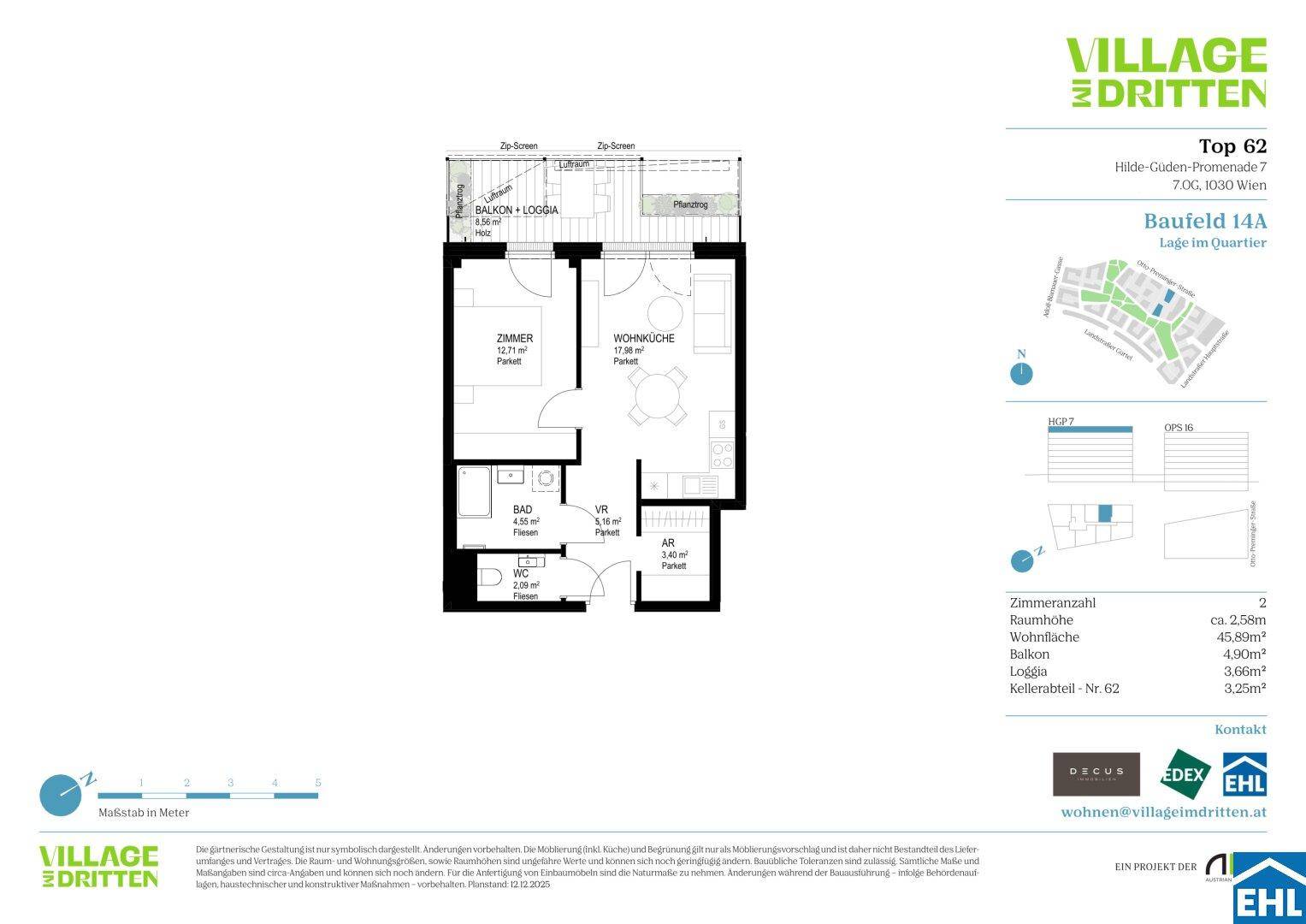 Grundriss der Wohnung Top 62 mit Wohnküche, Schlafzimmer, Bad und Balkon/Loggia.