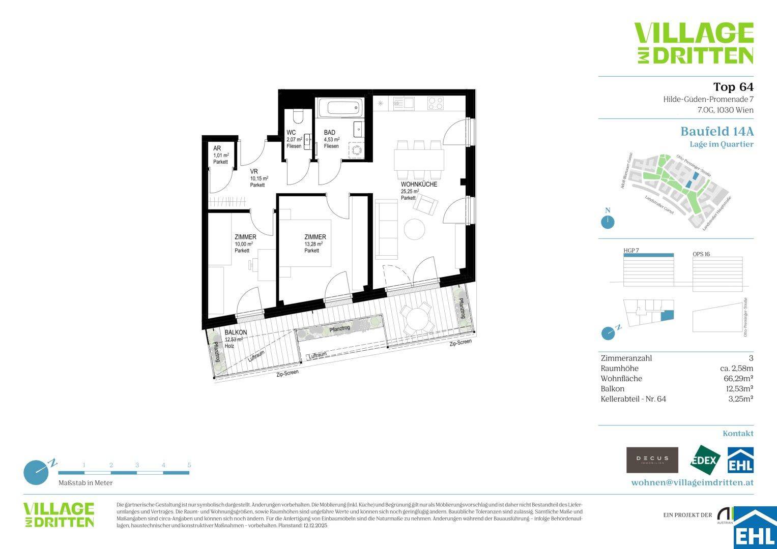 Grundriss der Wohnung Top 64 mit drei Zimmern, Balkon und zwei Bädern auf 66,28m² Wohnfläche.