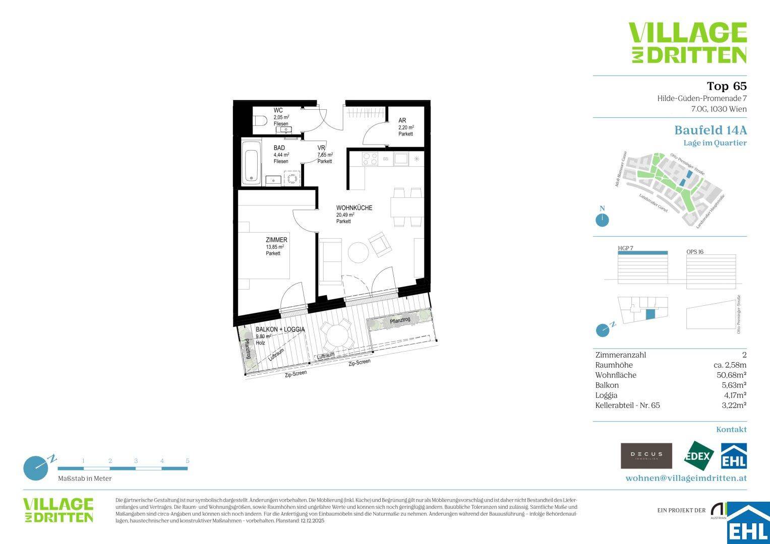Grundriss einer Wohnung mit Wohnküche, Schlafzimmer, Bad, separatem WC und Balkon/Loggia.