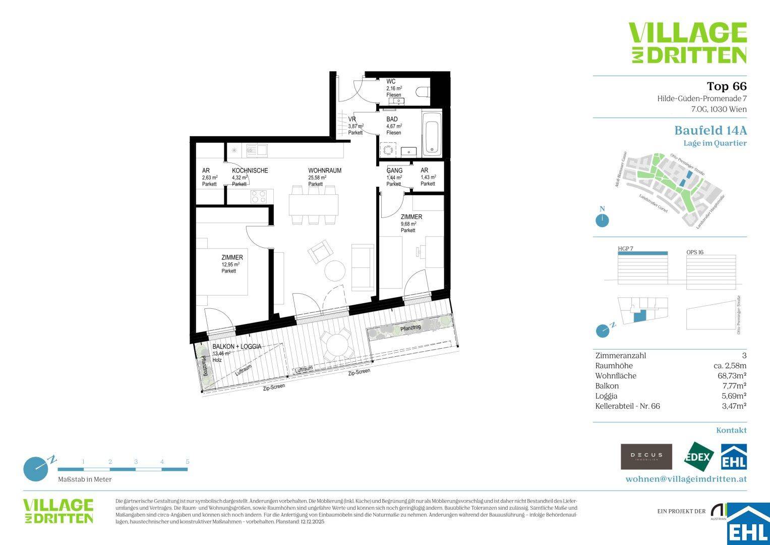 Grundriss einer Wohnung mit Balkon/Loggia, zwei Zimmern, Bad und separatem WC.