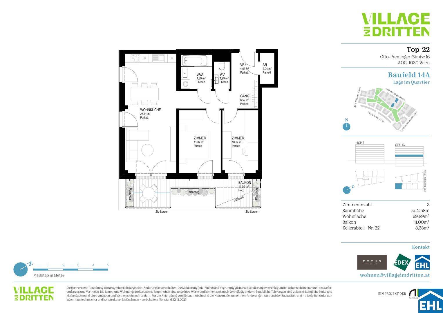 Grundriss der Wohnung Top 22 mit drei Zimmern, Balkon und offener Wohnküche.