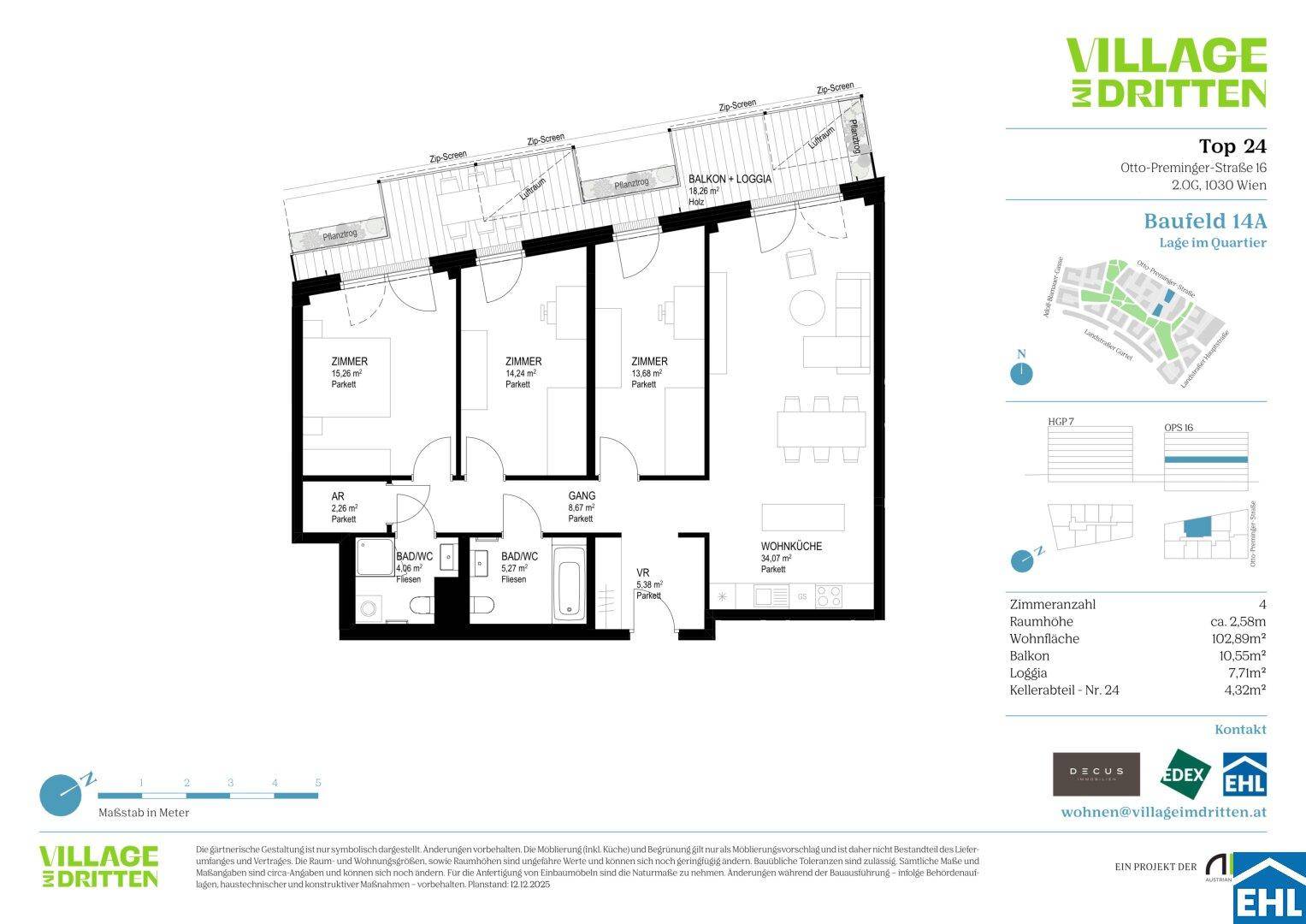 Grundriss der Wohnung Top 24 mit drei Zimmern, offener Wohnküche und Balkon-Loggia.
