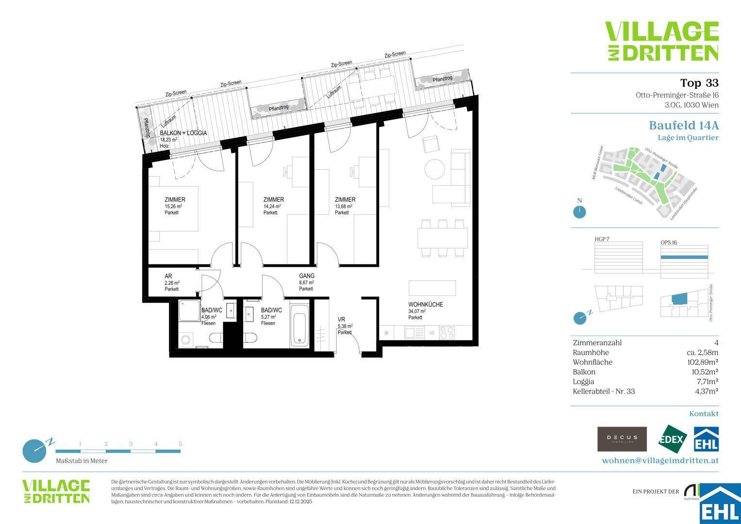 Detaillierter Grundriss der Wohnung Top 33 mit drei Zimmern, Balkon und Loggia.