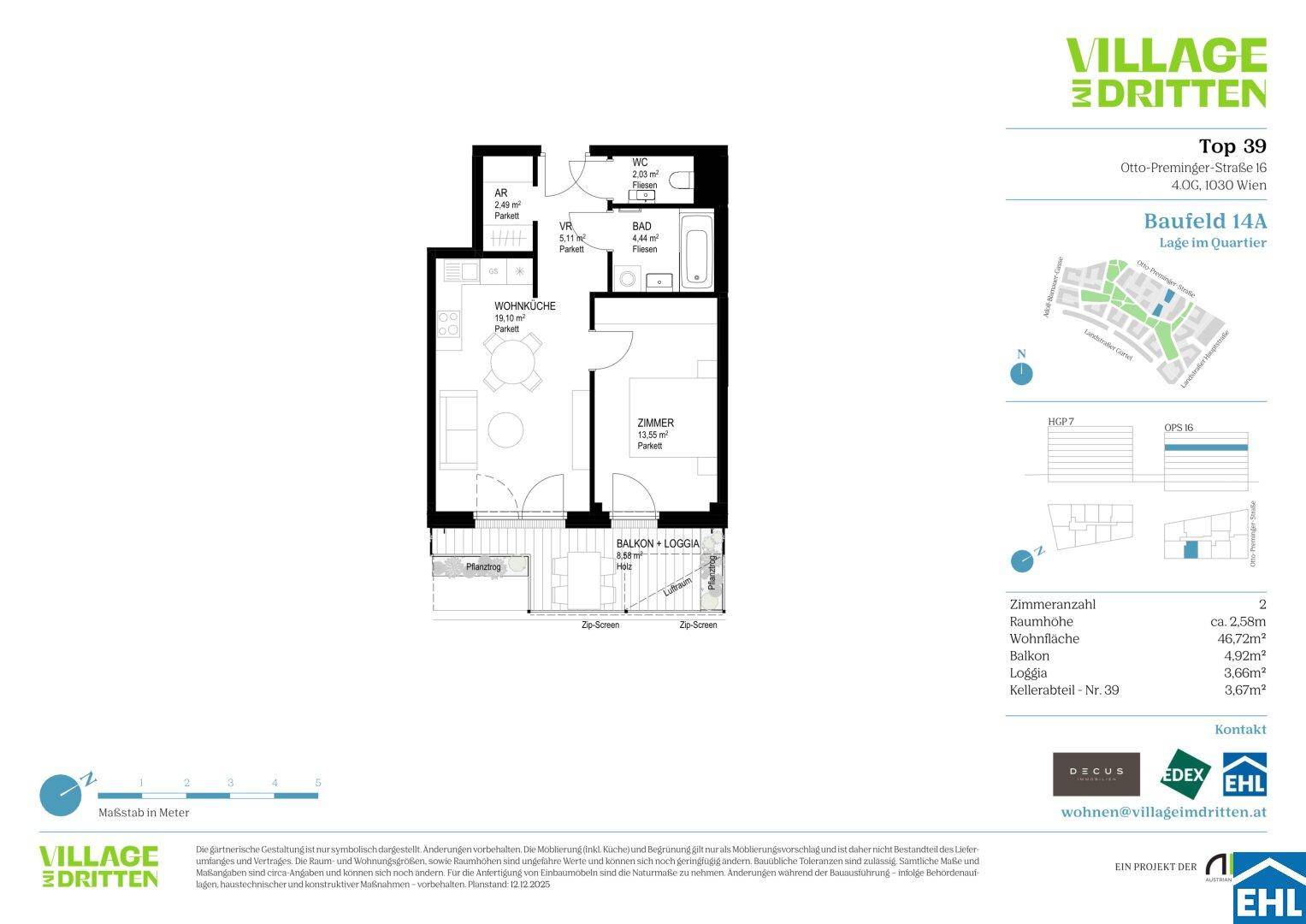 Grundriss einer Wohnung mit Wohnküche, Schlafzimmer, Bad und Balkon/Loggia.