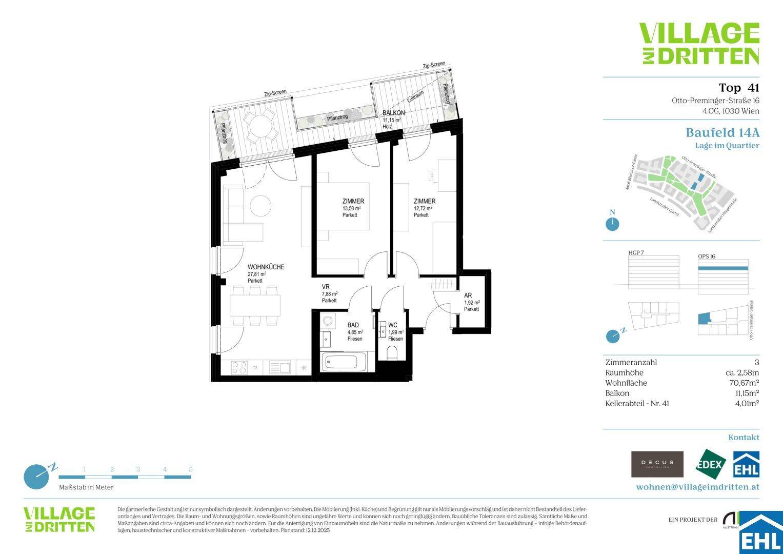 Grundriss der Wohnung Top 41 mit zwei Zimmern, Wohnküche, Bad und Balkon auf einer Fläche von 70,67m².