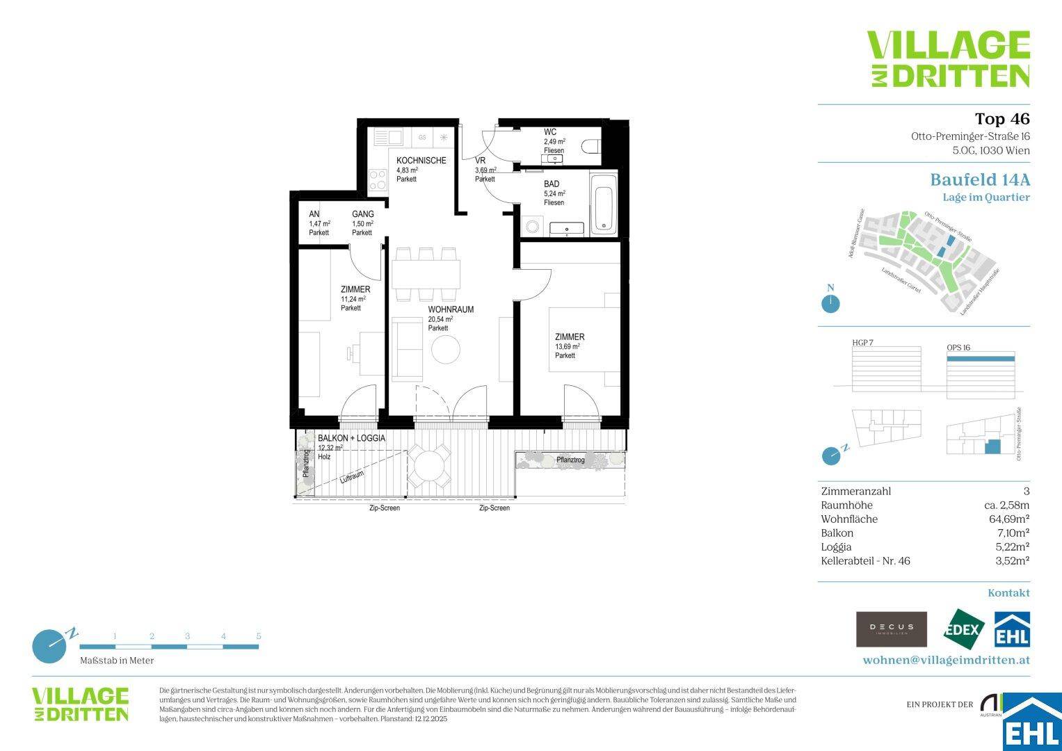 Grundriss der Wohnung Top 46 mit offenem Wohnbereich, Balkon, Loggia und zwei Bädern.
