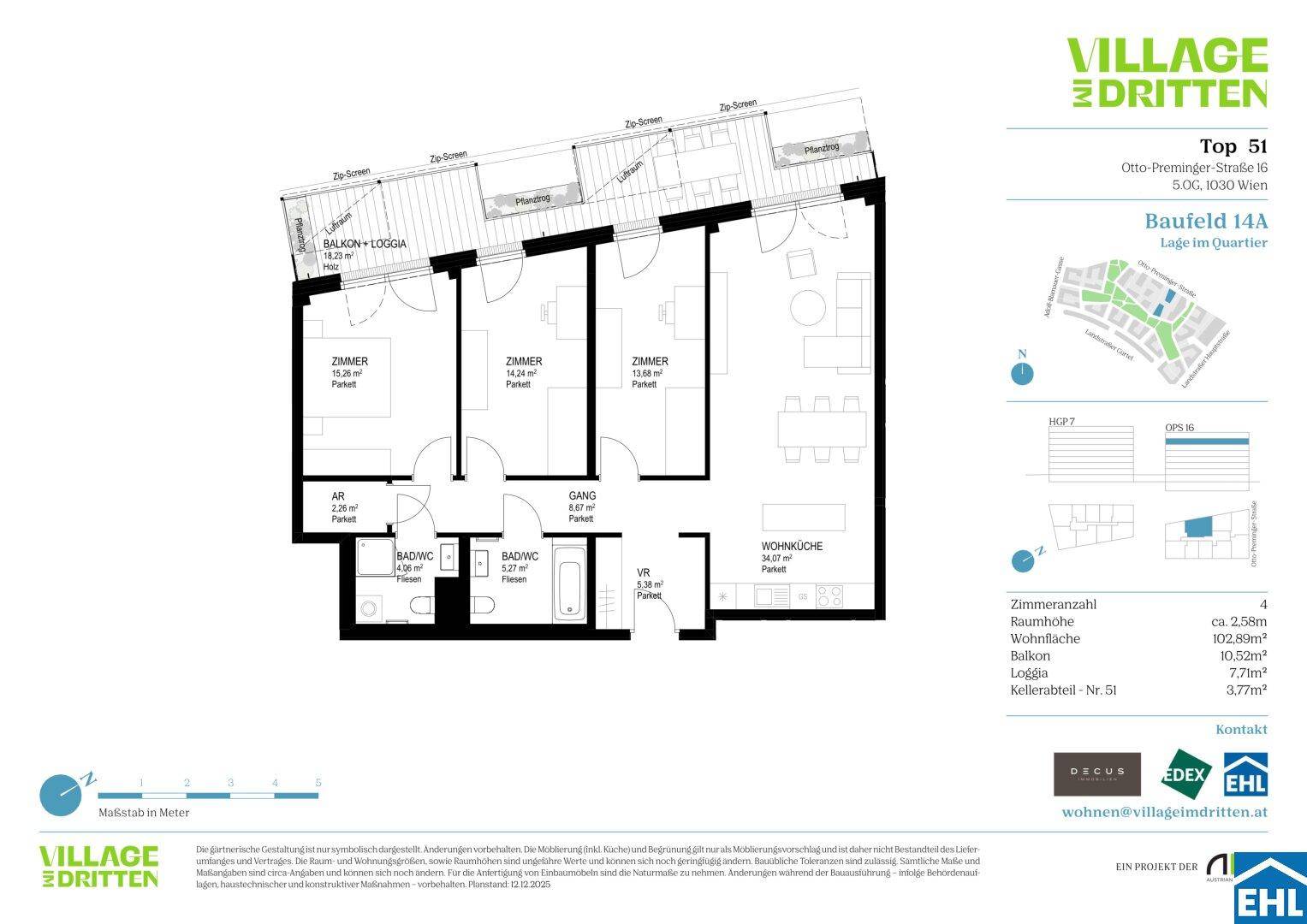 Grundriss einer Wohnung mit drei Zimmern, zwei Bädern und einem Balkon mit Loggia.