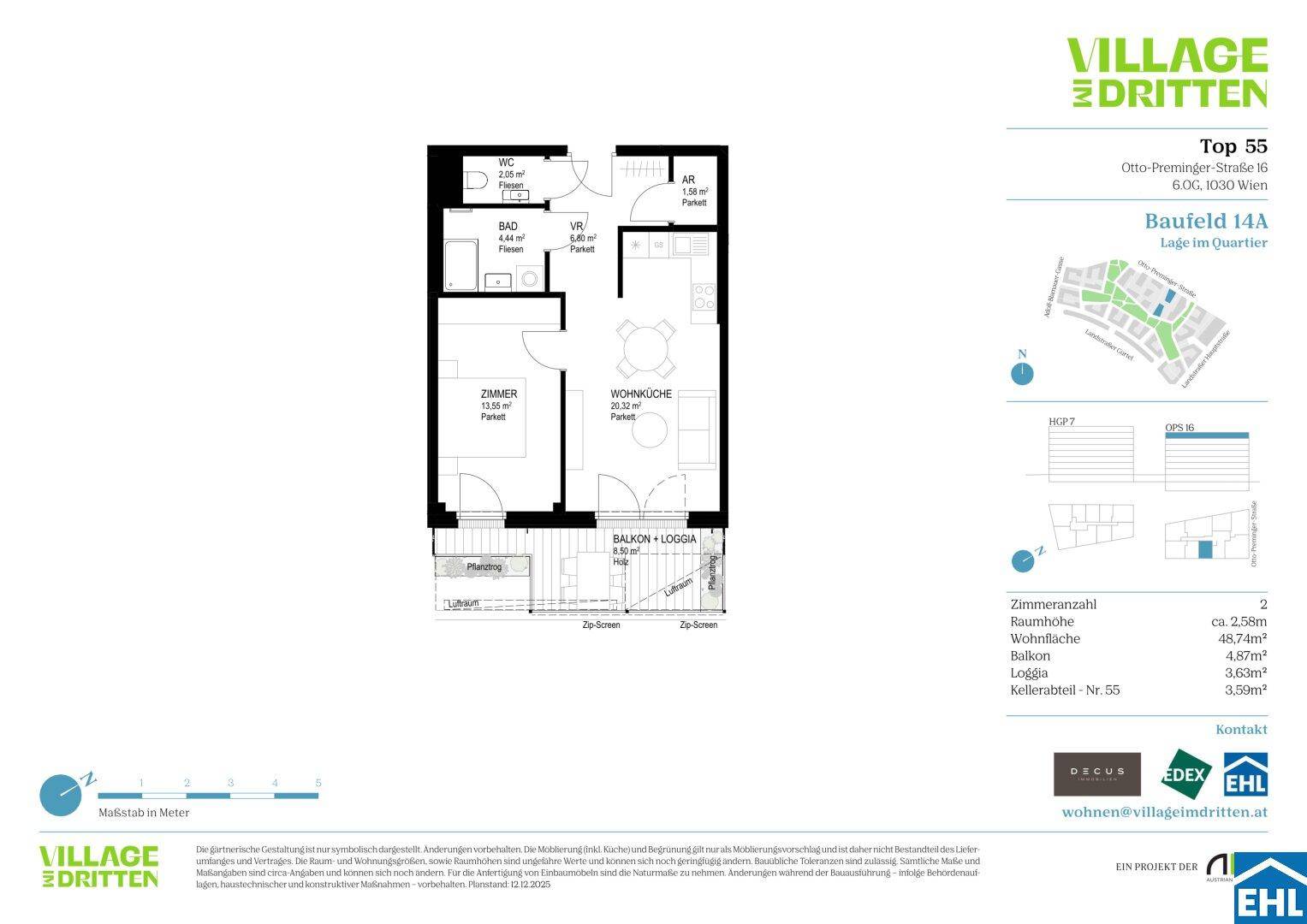 Grundriss einer Wohnung mit Wohnküche, Schlafzimmer, Bad, WC und Balkon/Loggia.