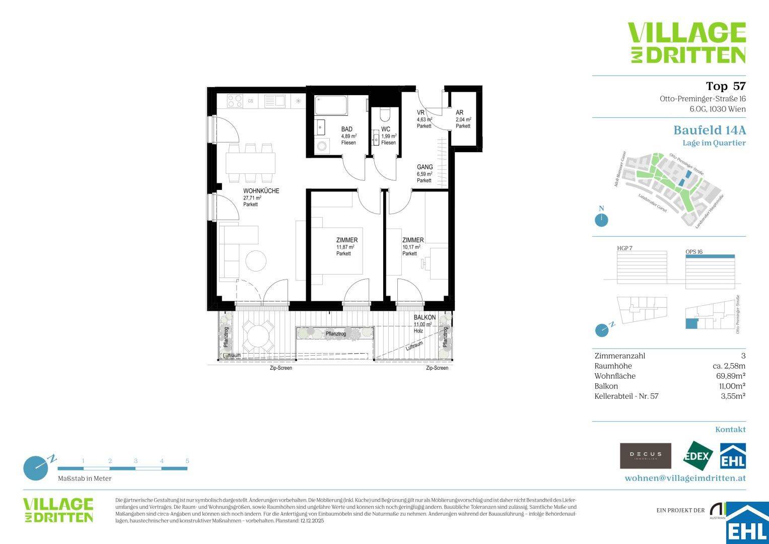 Detaillierter Grundriss einer Wohnung mit drei Zimmern, Balkon und separatem WC.