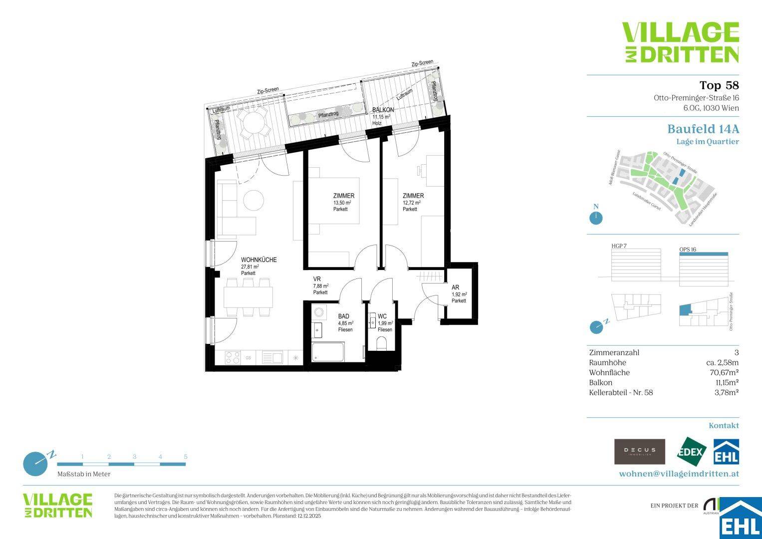 Grundriss einer Wohnung mit zwei Schlafzimmern, offenem Wohnbereich und Balkon.