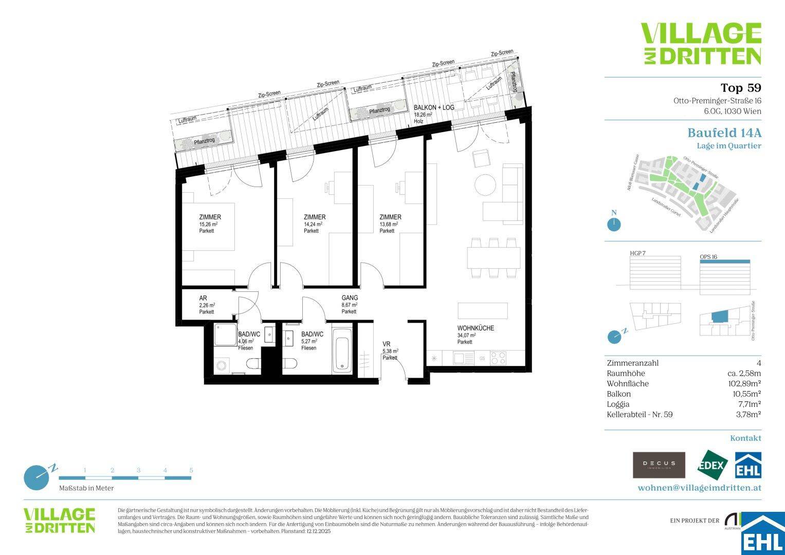 Detaillierter Grundriss einer modernen Wohnung mit drei Zimmern, zwei Bädern und Balkon.