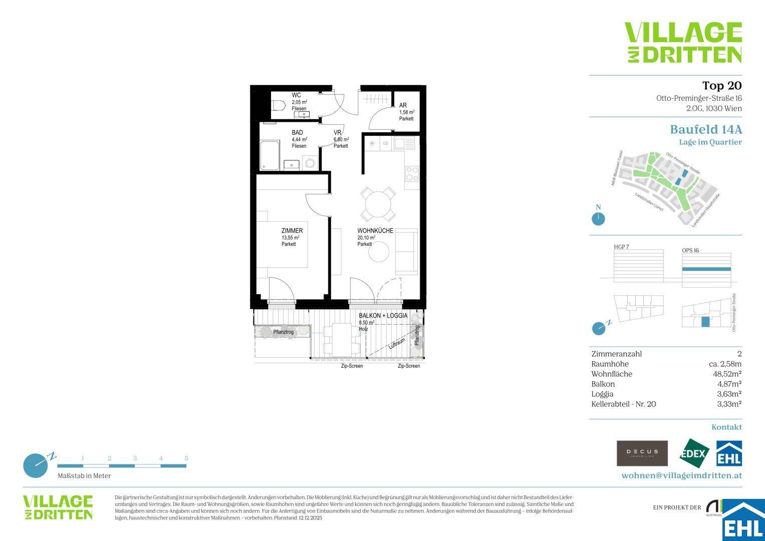 Grundriss der Wohnung Top 20 mit Wohnküche, Schlafzimmer und Balkon/Loggia.