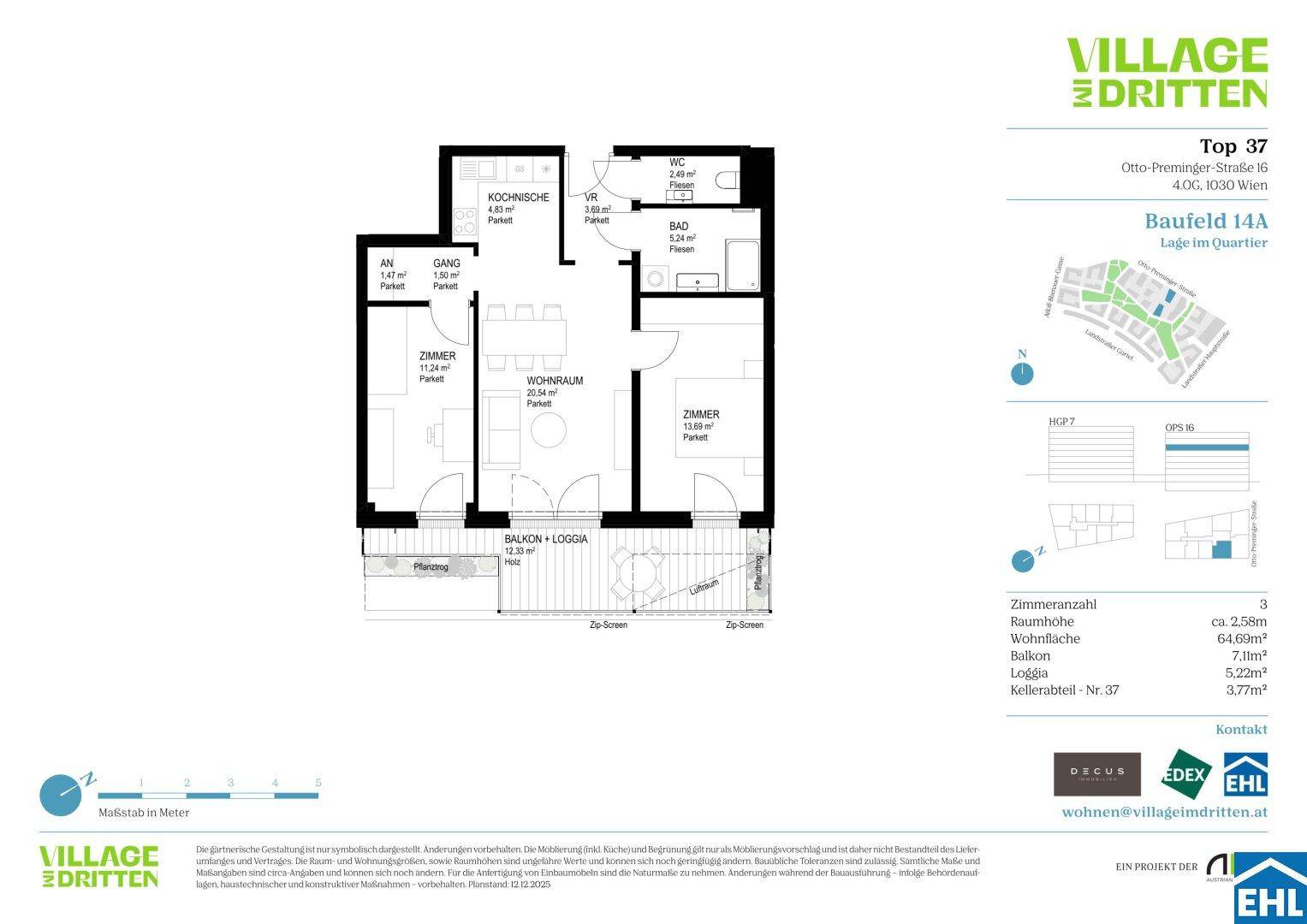 Grundriss der Wohnung Top 37 mit Balkon, Loggia und separatem WC.