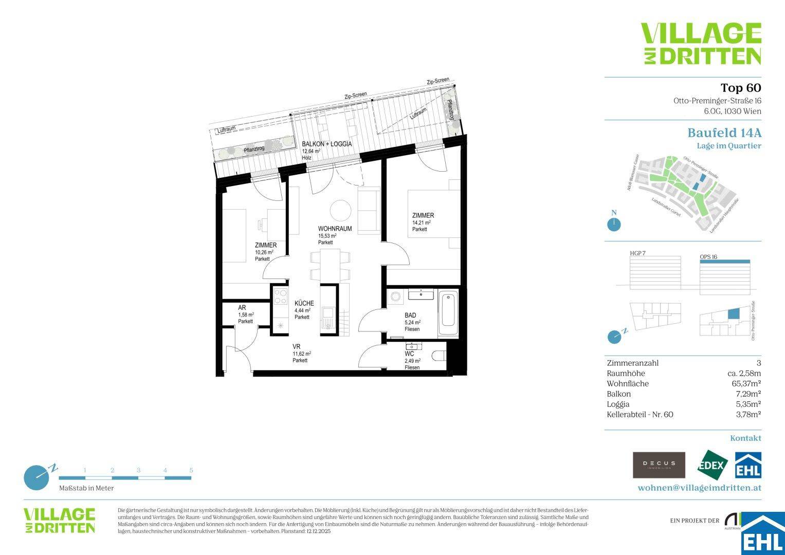 Grundriss einer Wohnung mit zwei Zimmern, Wohnraum, Küche, Bad und Balkon/Loggia.
