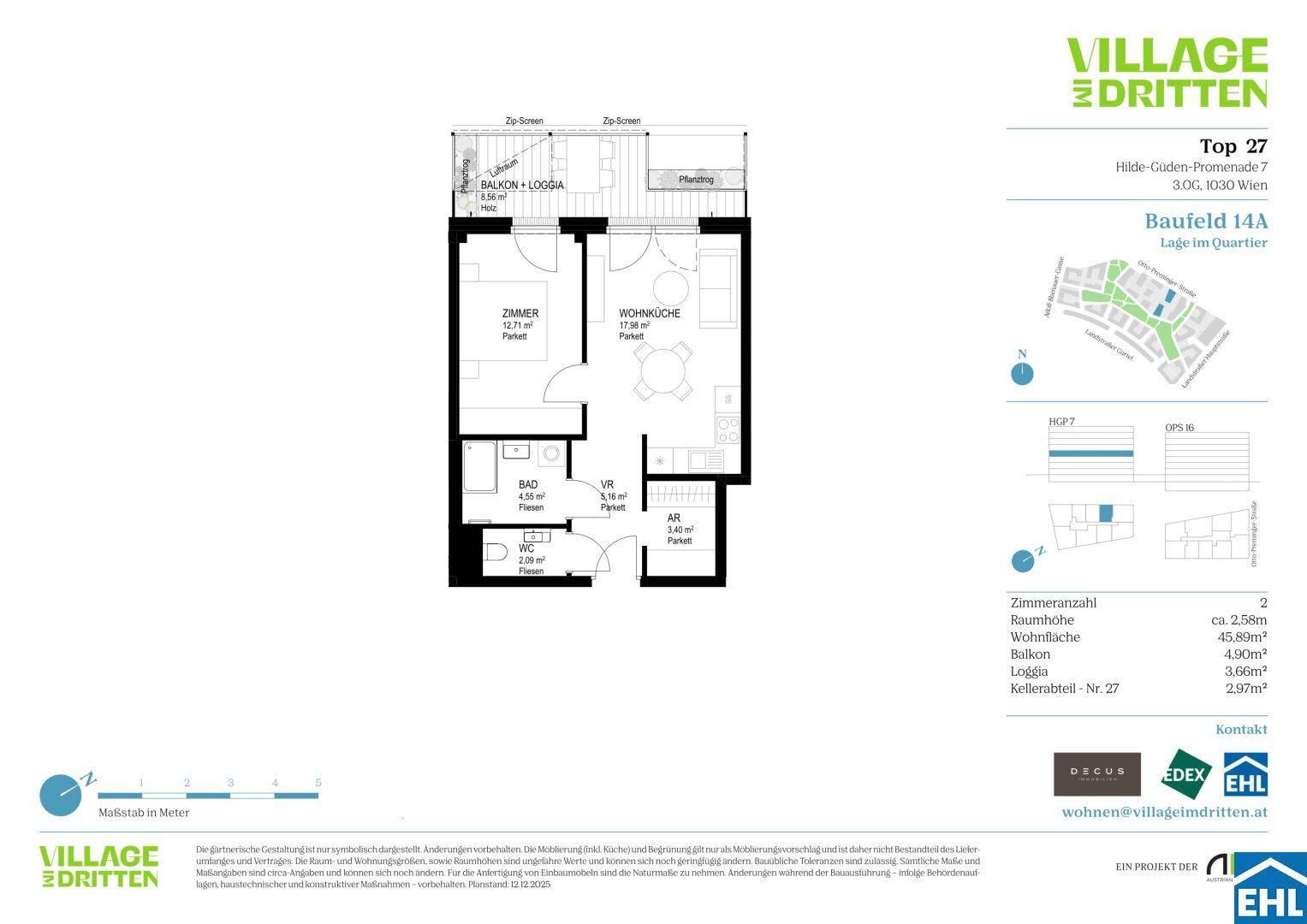 Detaillierter Grundriss einer Wohnung mit offenem Wohnbereich, Balkon und Loggia.