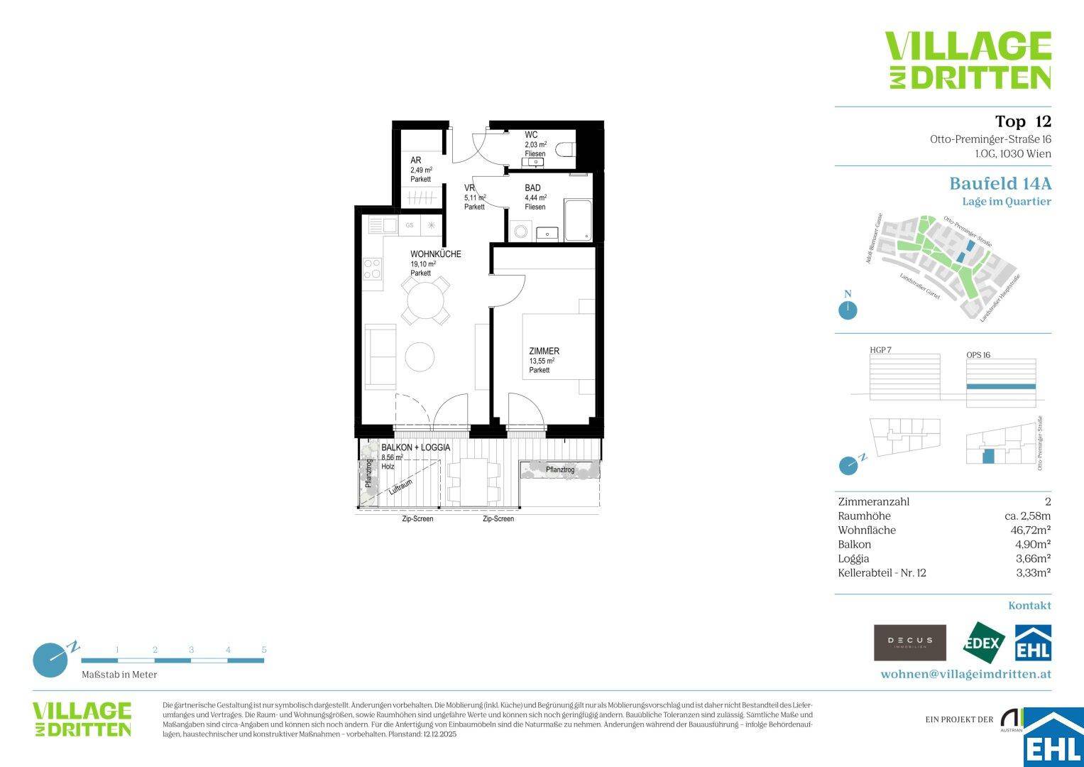 Grundriss einer Wohnung mit Wohnküche, Schlafzimmer, Bad und Balkon/Loggia.