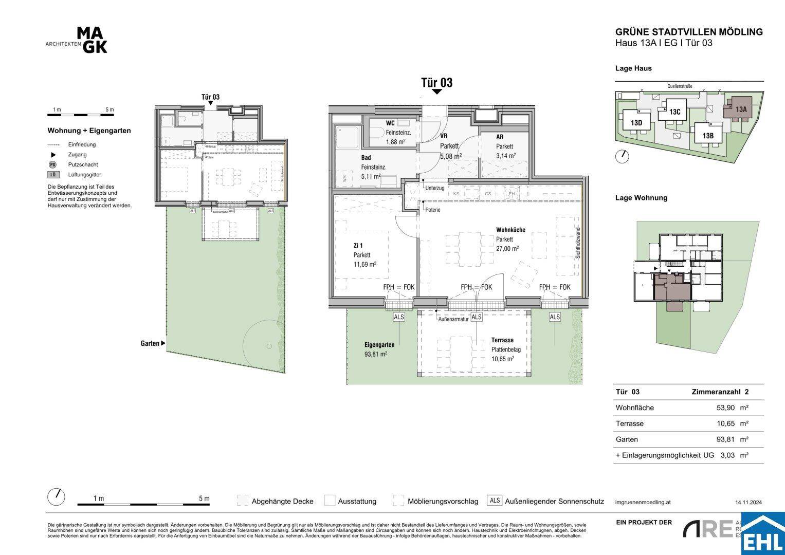 Detaillierter Grundriss einer Erdgeschosswohnung mit Garten, Terrasse und offenem Wohnbereich.