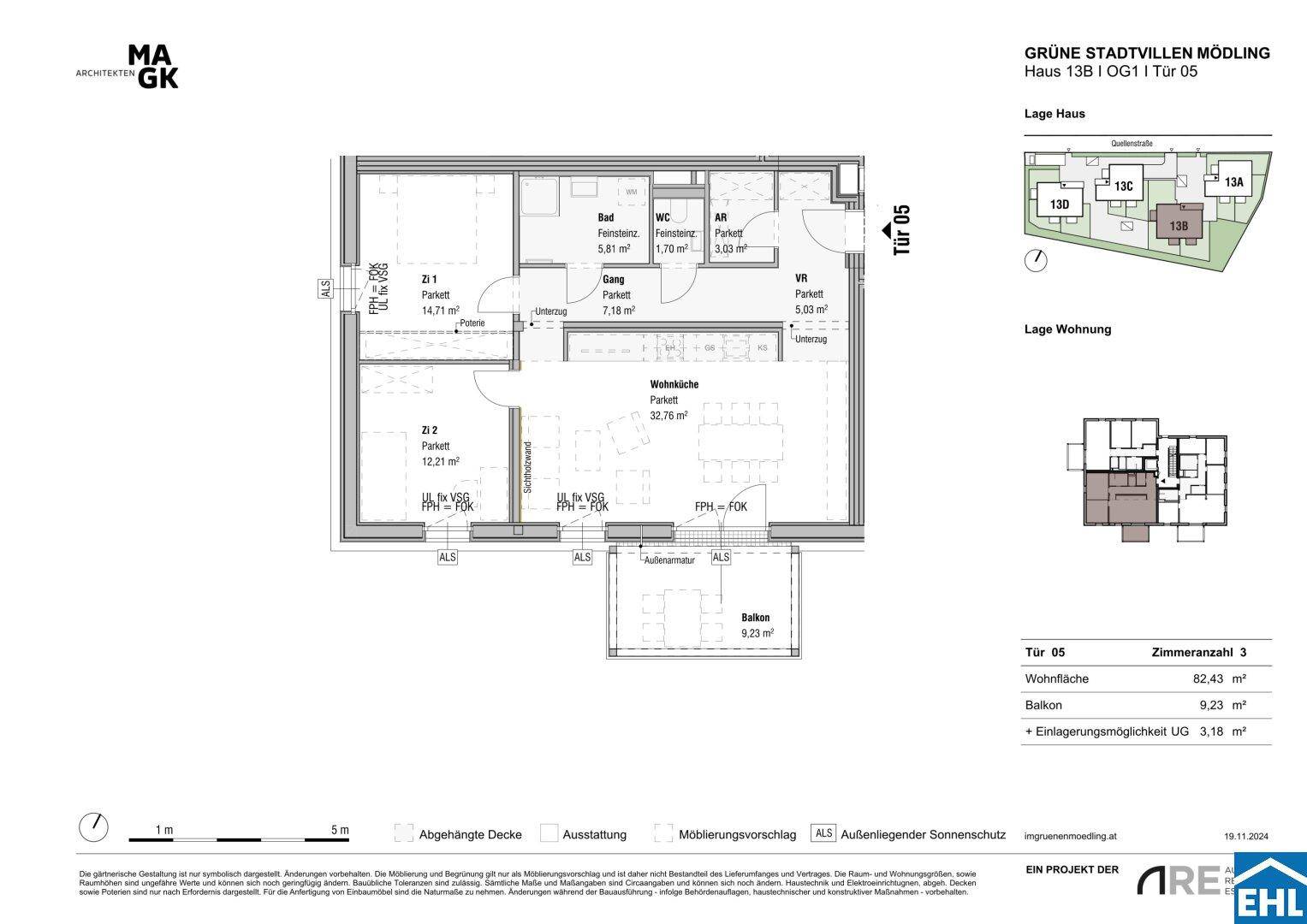 Detaillierter Grundriss einer Wohnung mit drei Zimmern, Balkon und klarer Raumaufteilung.