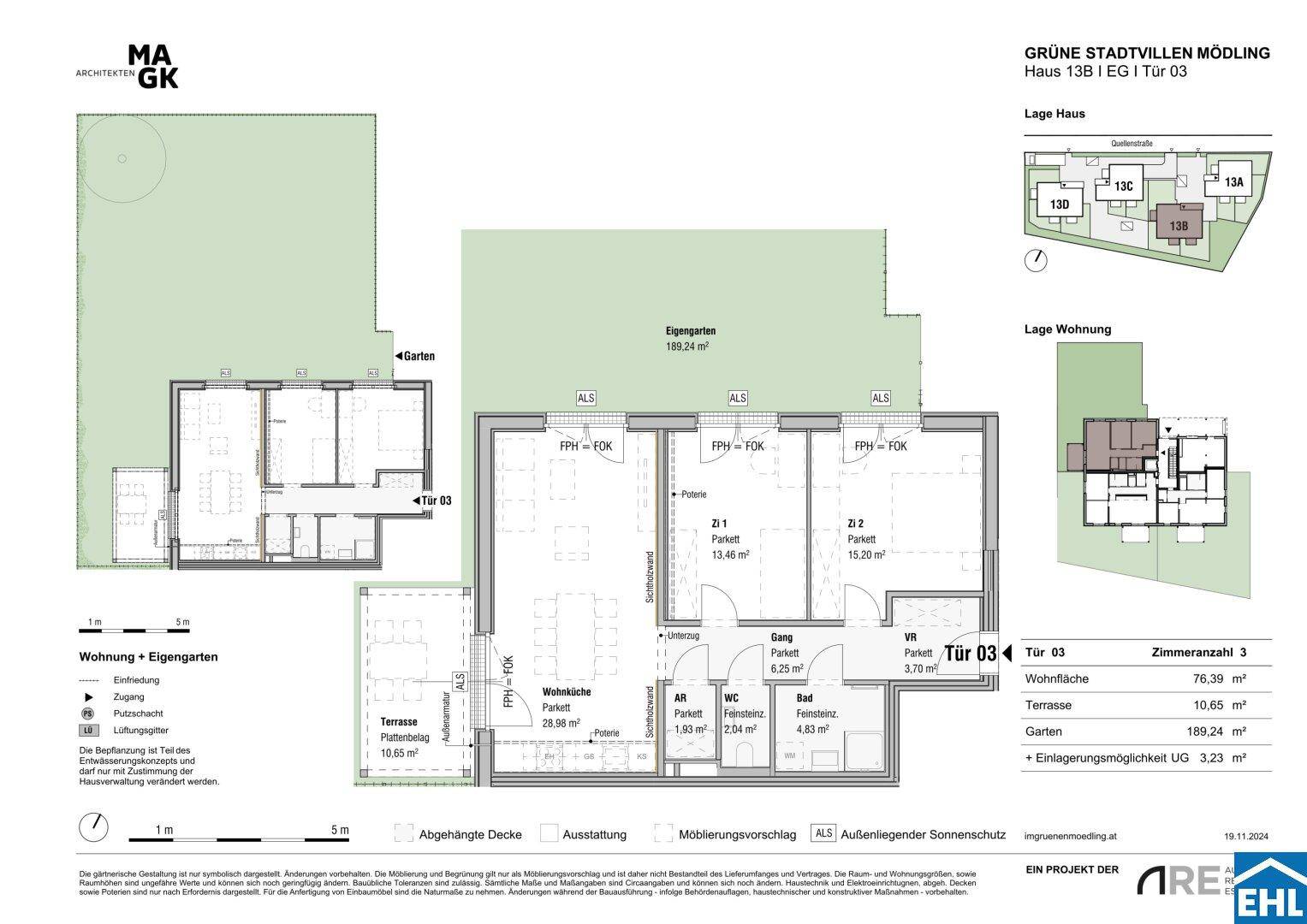 Detaillierter Grundriss einer Wohnung mit drei Zimmern, Terrasse und eigenem Gartenbereich.