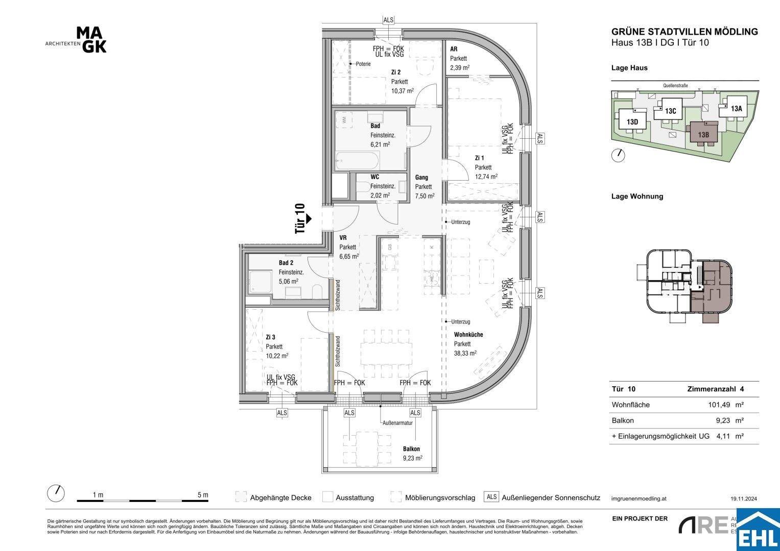 Detaillierter Grundriss einer Wohnung mit vier Zimmern, Balkon und separatem WC.