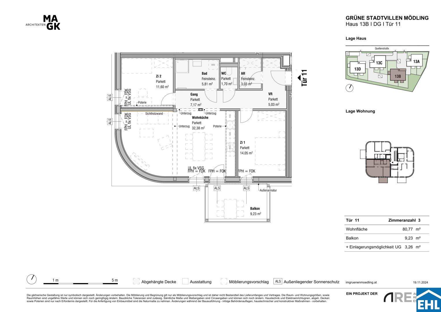 Grundriss einer Wohnung mit drei Zimmern, Balkon und offenem Wohnbereich.