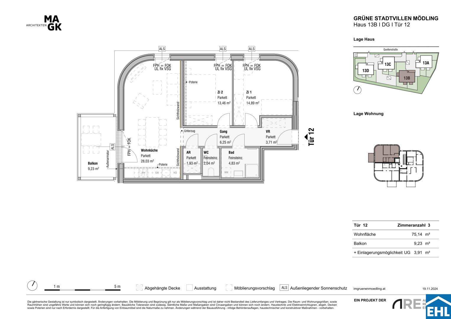 Grundriss der Dachgeschosswohnung Tür 12 mit drei Zimmern und einem Balkon von 9,23 m².