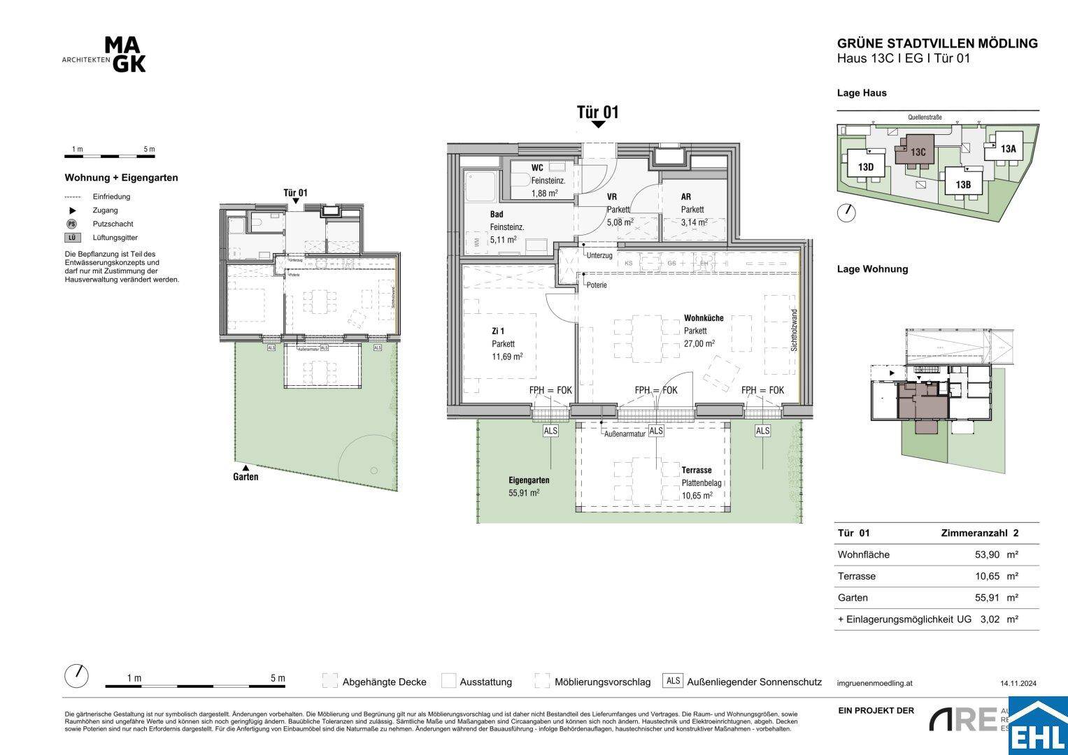 Grundriss einer modernen Wohnung mit offenem Wohn-Essbereich, Schlafzimmer, Bad, separatem WC, Terrasse und Garten.