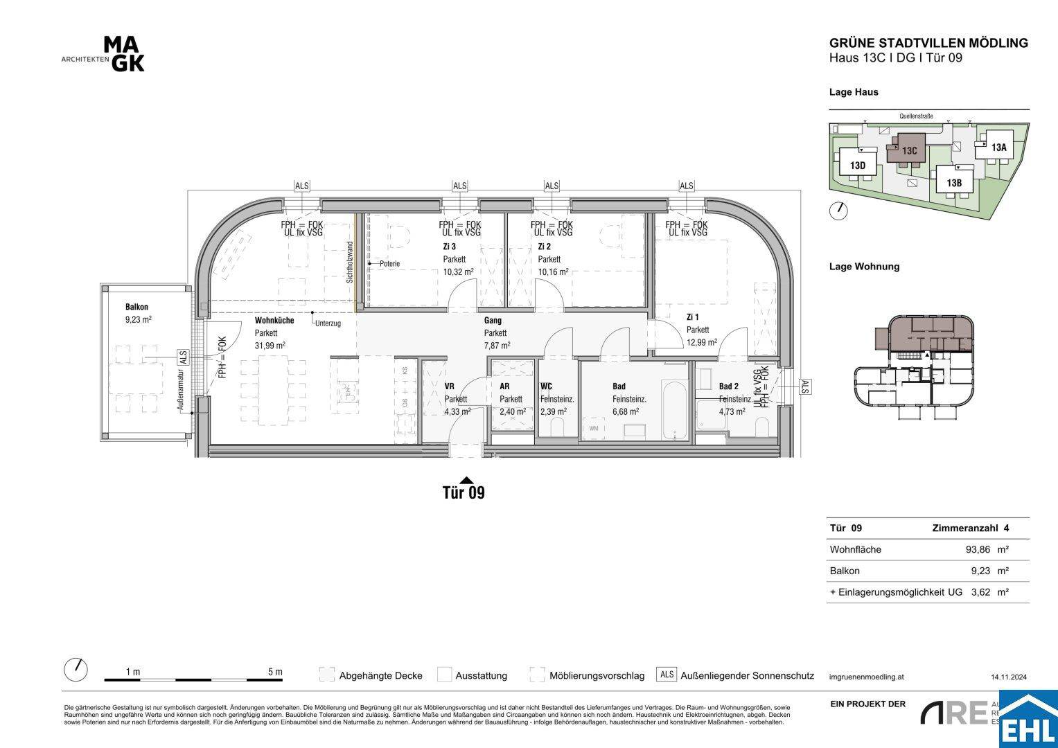 Detaillierter Grundriss einer Wohnung mit vier Zimmern, Balkon und klarer Raumaufteilung.