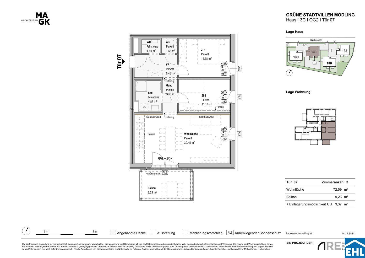 Grundriss einer Wohnung mit drei Zimmern, Balkon und separatem WC.