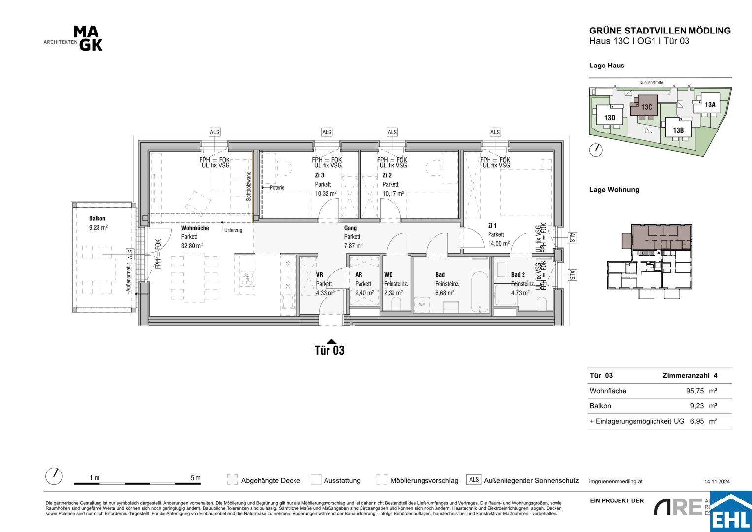 Detaillierter Grundriss einer Wohnung mit vier Zimmern, Balkon und einer Wohnfläche von 95,75 m².