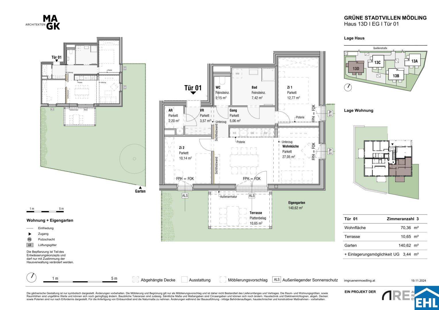 Detaillierter Grundriss einer Wohnung mit drei Zimmern, Terrasse und privatem Gartenbereich.