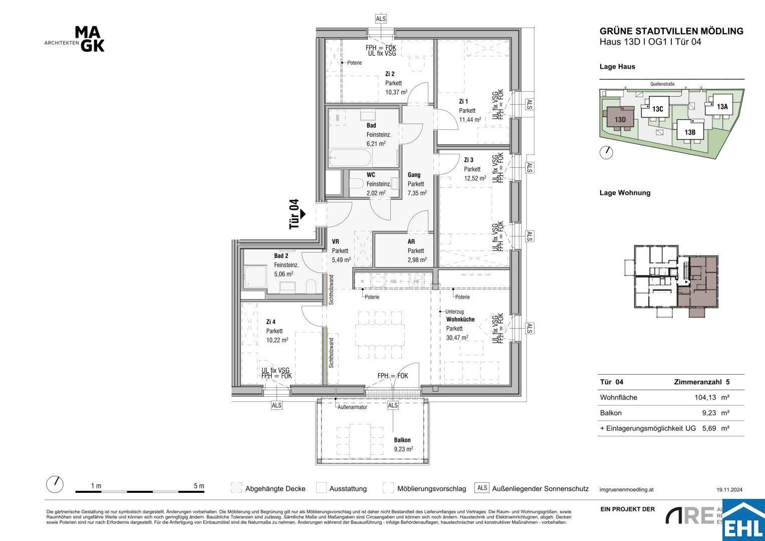 Detaillierter Grundriss einer Wohnung mit fünf Zimmern, Balkon und klarer Raumaufteilung.