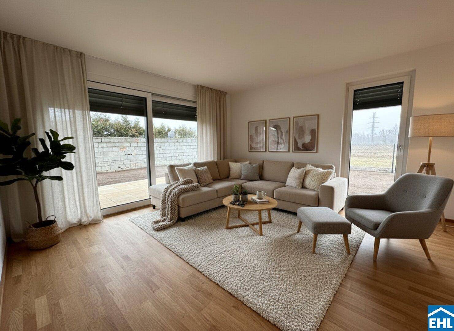 Gemütliches Wohnzimmer mit Ecksofa, Teppich und Zugang zur Terrasse, modern eingerichtet.