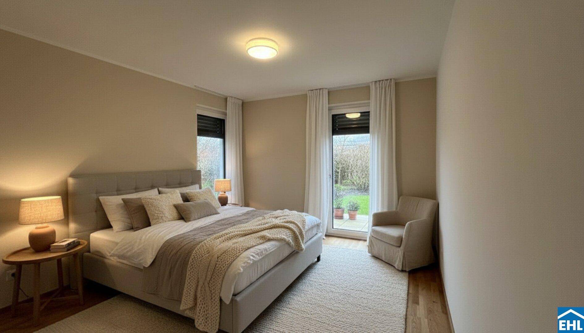 Gemütliches Schlafzimmer mit Doppelbett, Teppich und direktem Zugang zum Garten.
