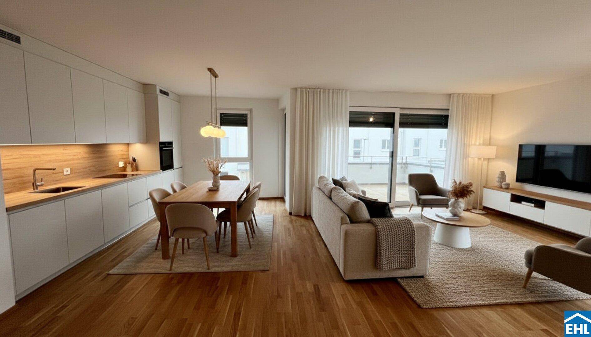 Offener Wohn-Essbereich mit integrierter Küche, Holzboden und Zugang zu einem Balkon.