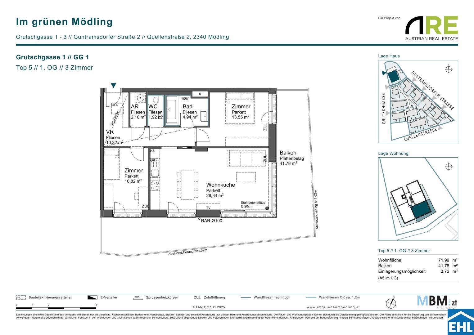 Grundriss einer 3-Zimmer-Wohnung mit Balkon und separatem WC.