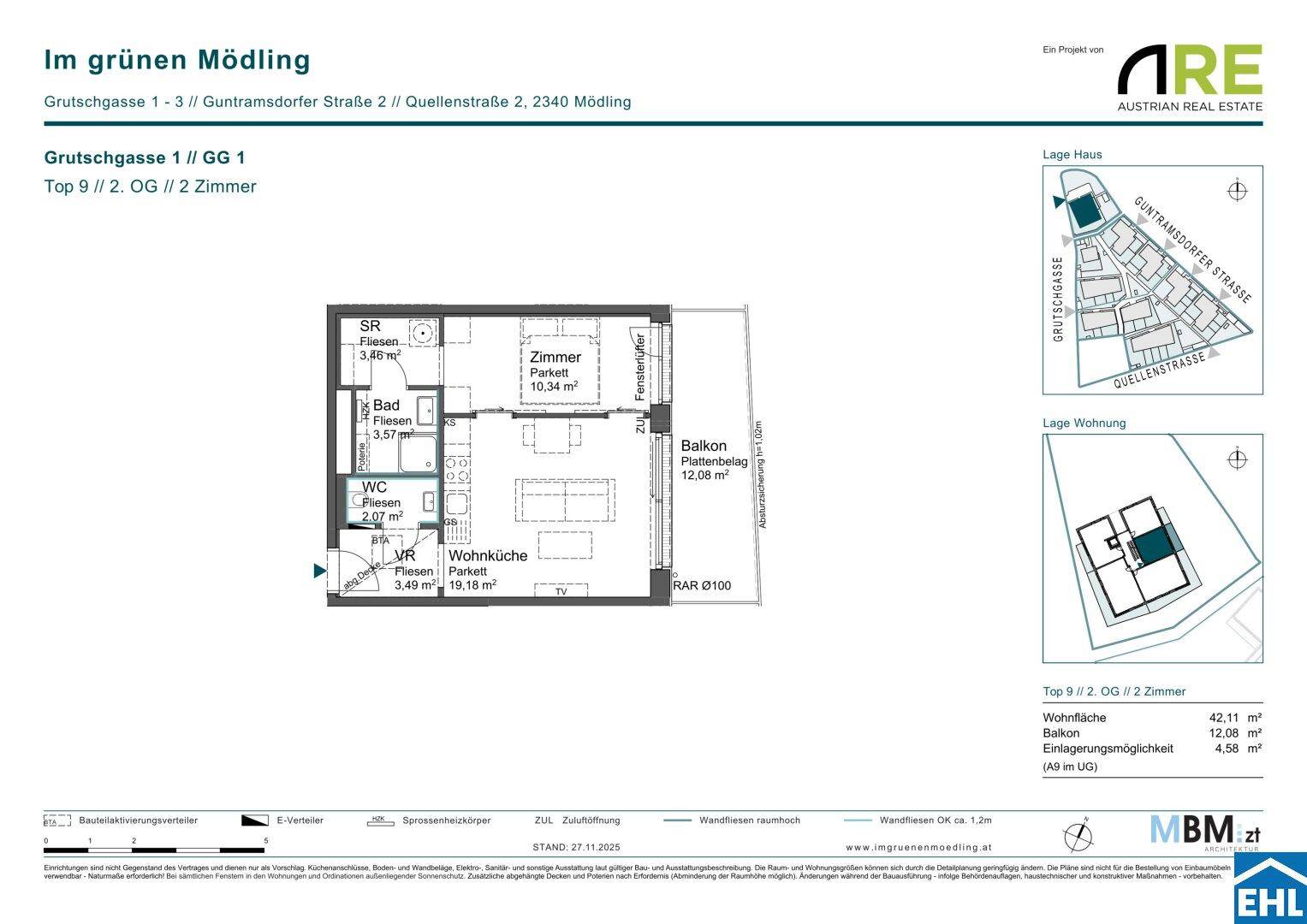 Grundriss einer Zweizimmerwohnung mit Wohnküche, Bad, WC und Balkon.