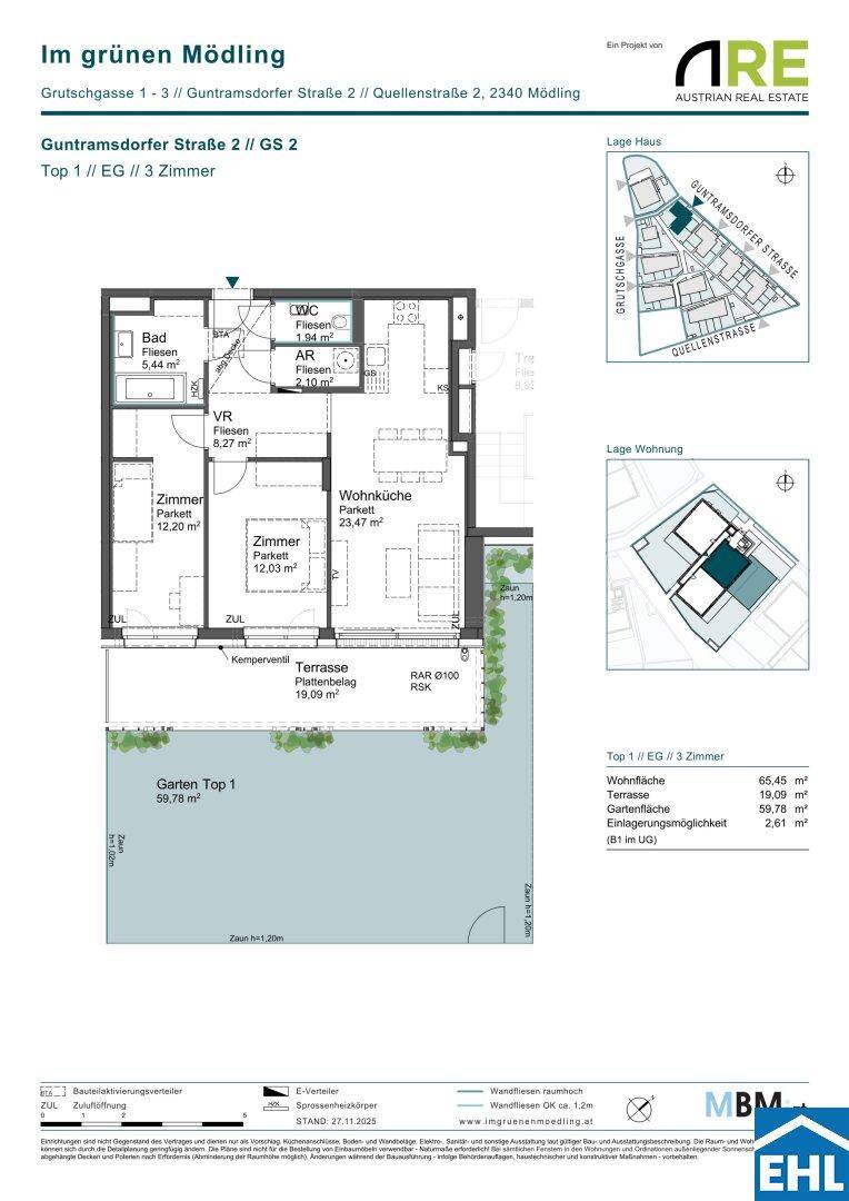 Detaillierter Grundriss einer Wohnung mit Terrasse und privatem Gartenanteil.