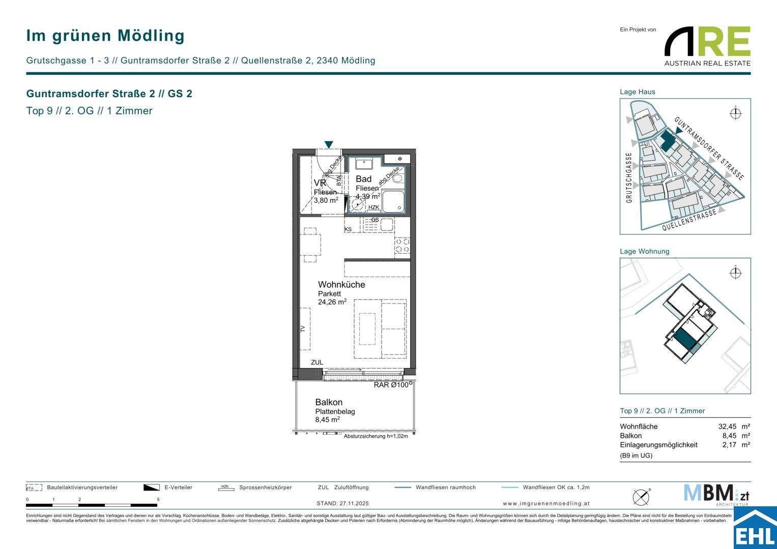 Grundriss einer 1-Zimmer-Wohnung mit Wohnküche, Bad und Balkon.