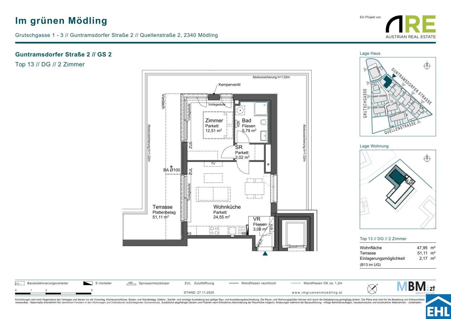 Grundriss einer 2-Zimmer-Wohnung mit Terrasse und offenem Wohnbereich.
