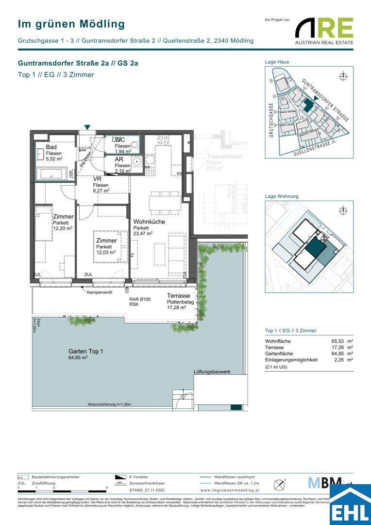 Detaillierter Grundriss einer Wohnung mit Terrasse und Gartenbereich.