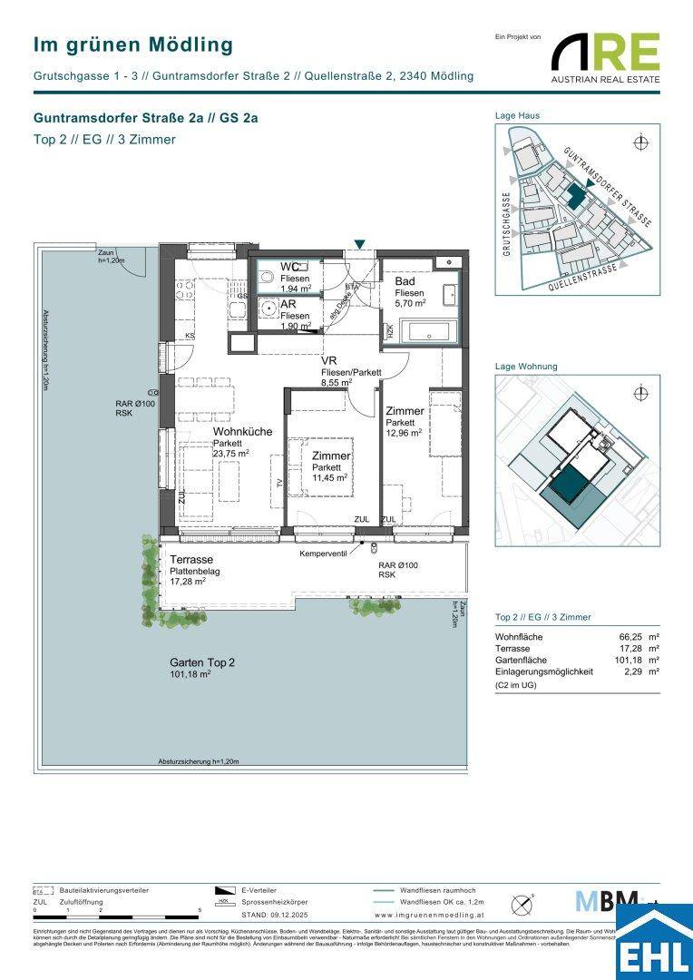 Detaillierter Grundriss einer 3-Zimmer-Wohnung mit offener Wohnküche, großer Terrasse und Garten.