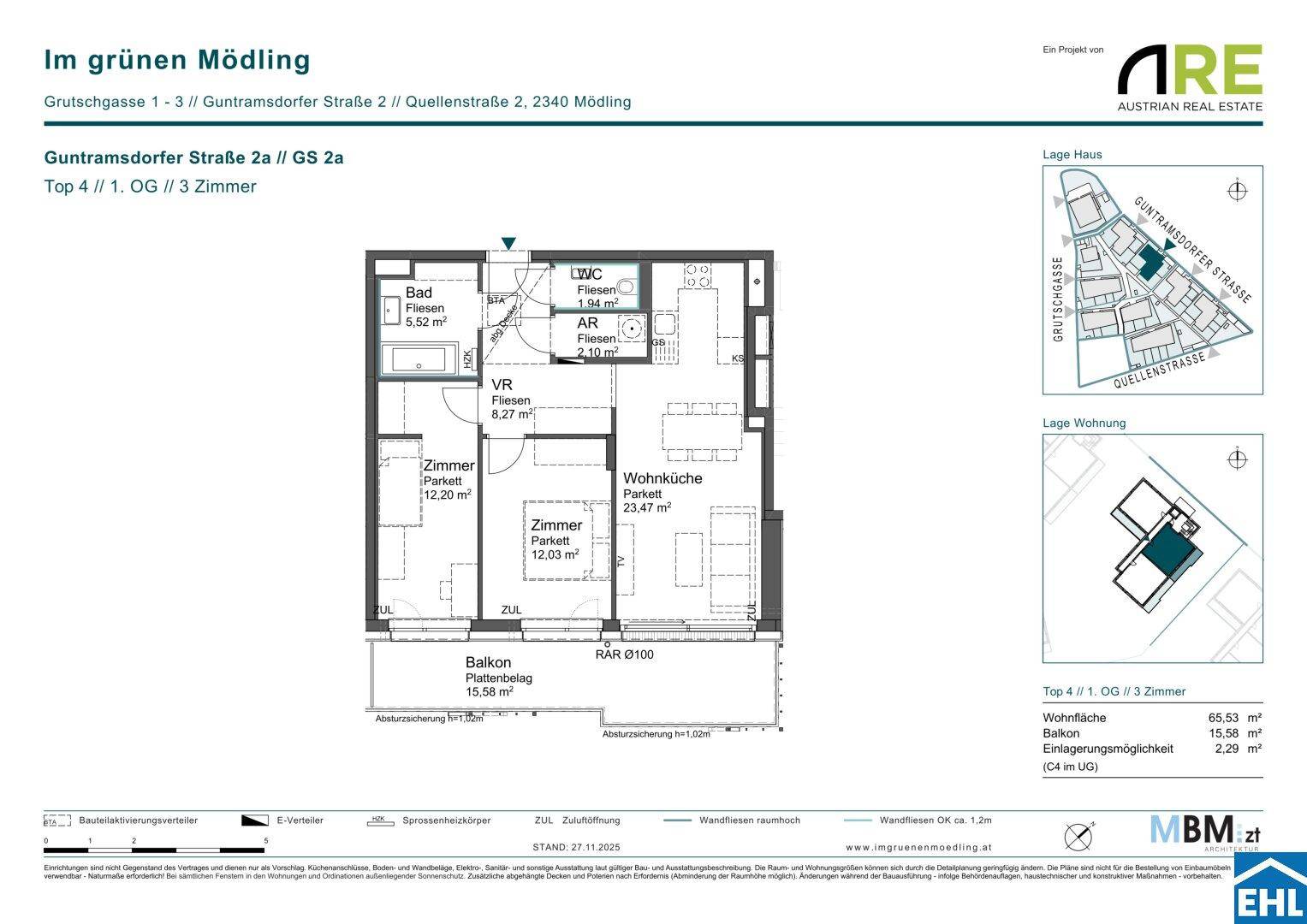 Grundriss einer 3-Zimmer-Wohnung mit Balkon, Bad und separatem WC.