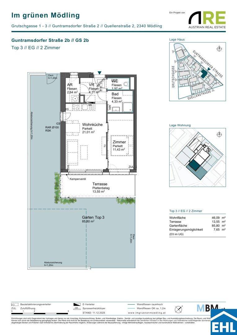 Grundriss einer 2-Zimmer-Wohnung mit Terrasse und Garten im Erdgeschoss.