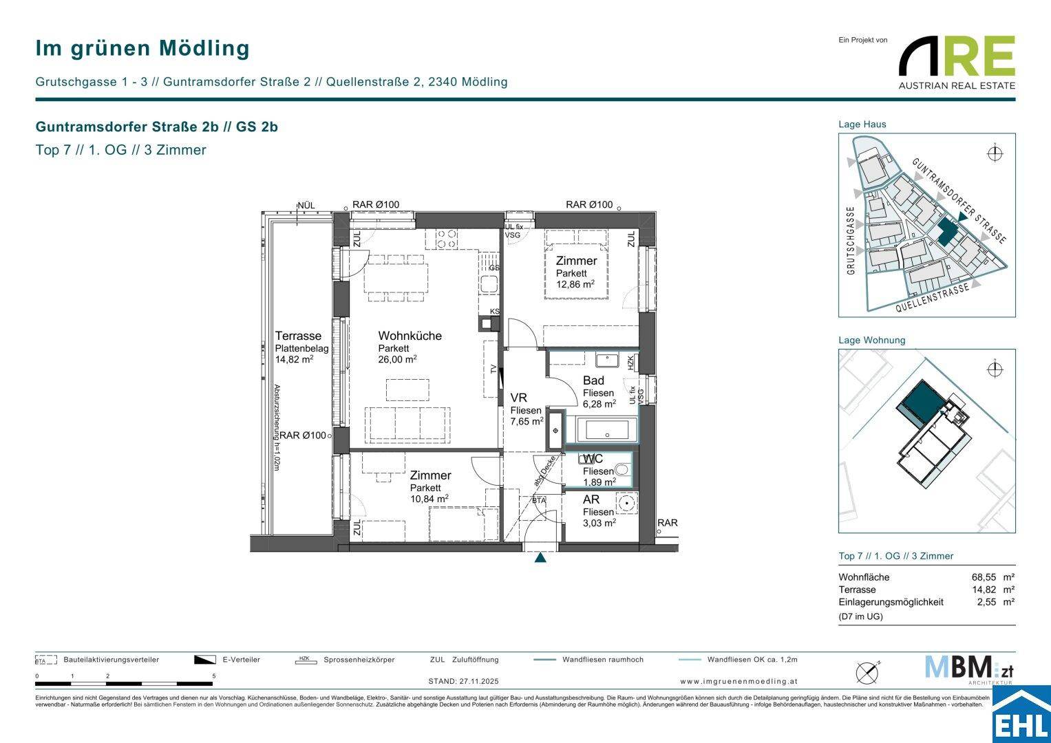 Grundriss einer Wohnung mit Wohnküche, zwei Zimmern, Bad und Terrasse, insgesamt 68,55 m² Wohnfläche.
