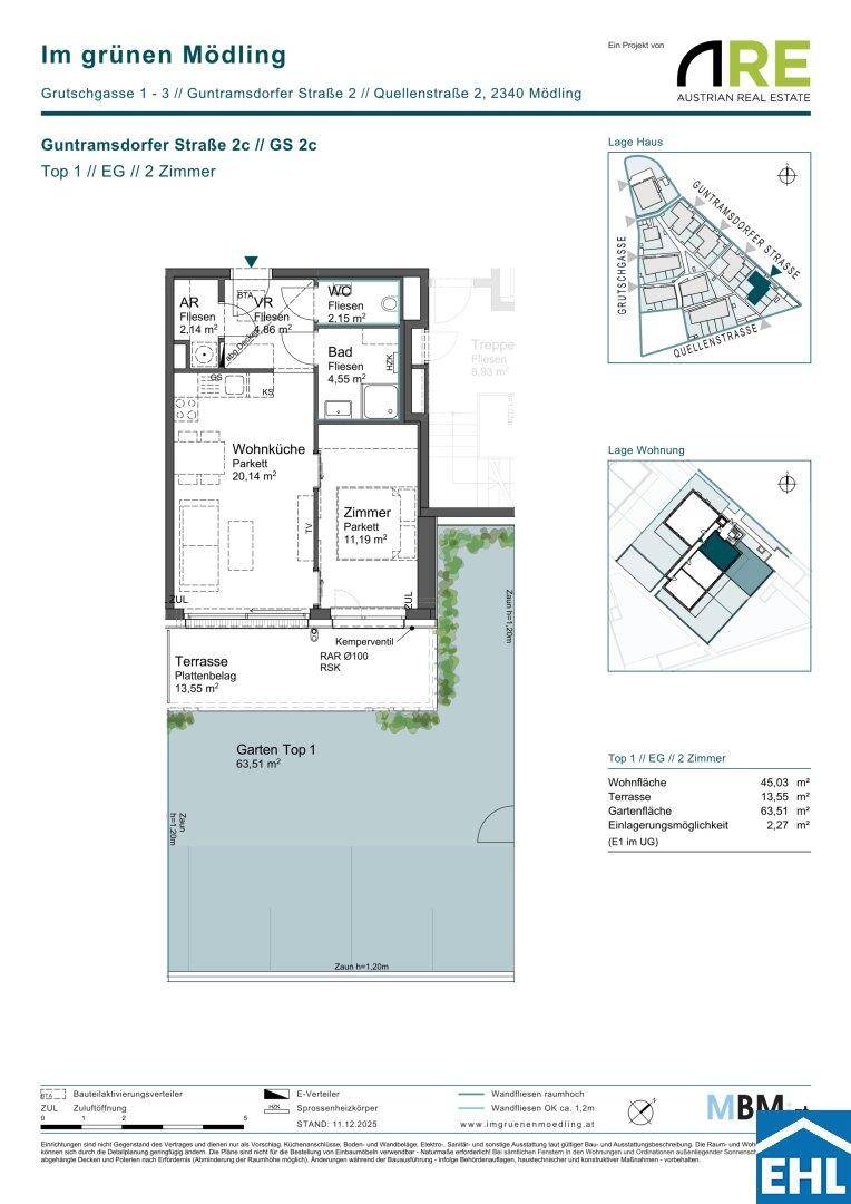 Grundriss einer Wohnung mit Terrasse und Garten, inklusive Raumaufteilung und Flächenangaben.