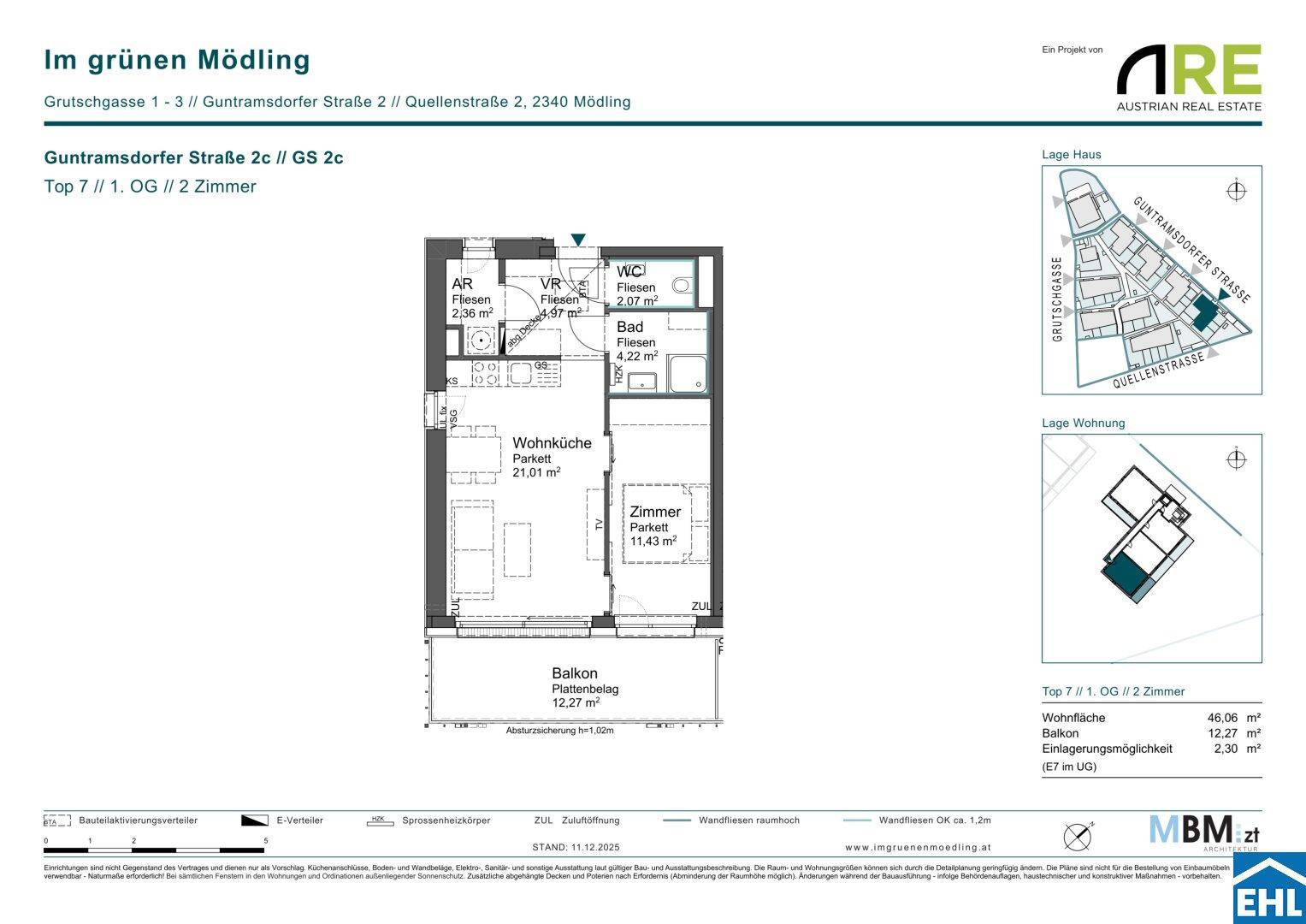 Grundriss einer 2-Zimmer-Wohnung mit Balkon und offener Wohnküche.