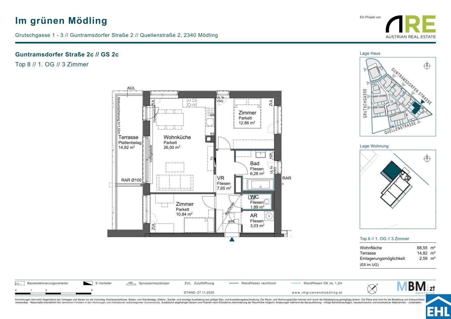 Detaillierter Grundriss einer Wohnung mit Wohnküche, Schlafzimmern, Bad und großer Terrasse.
